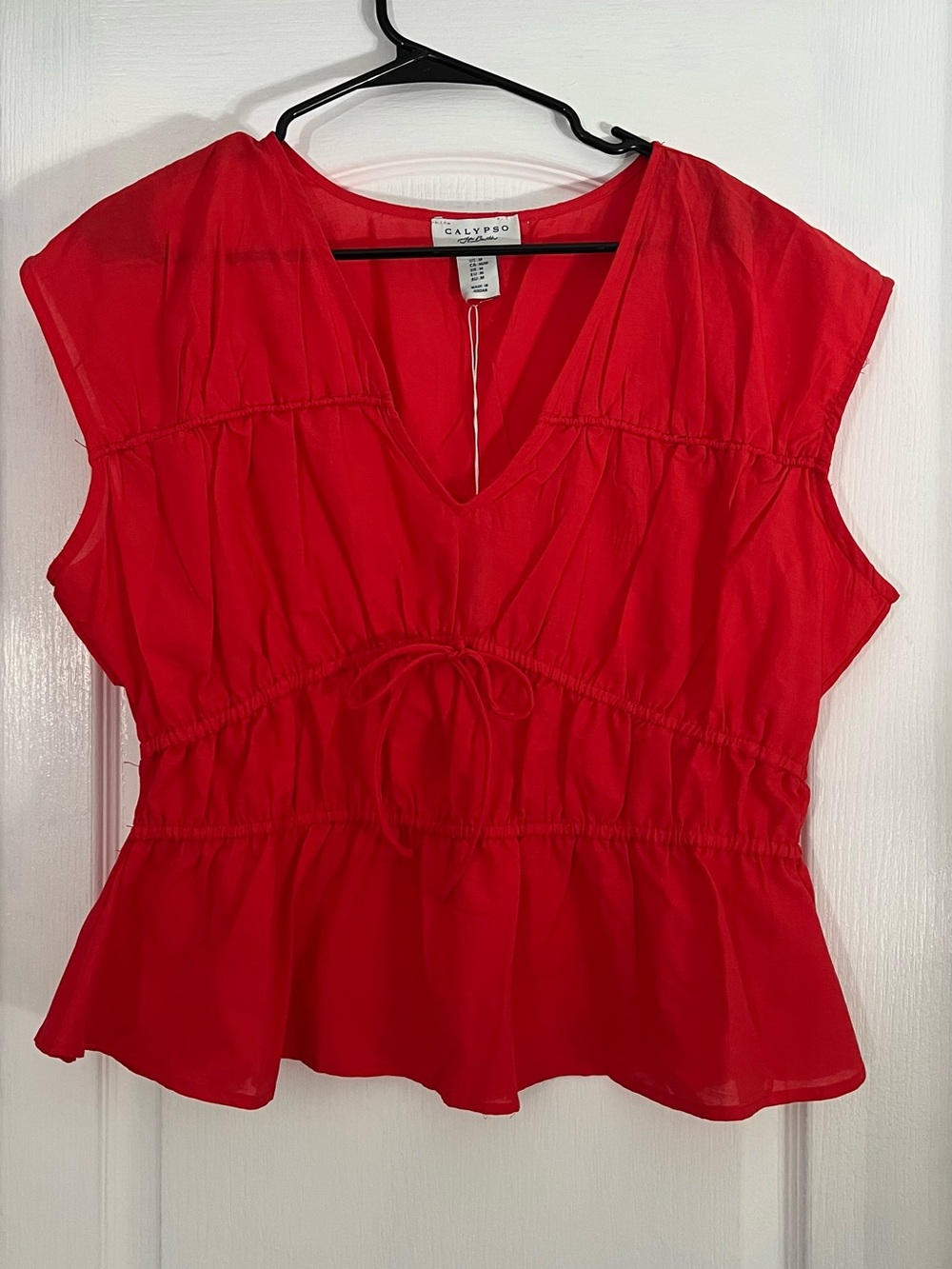 Calypso St. Barth Bright Red V-Neck Tie-Waist Peplum Top